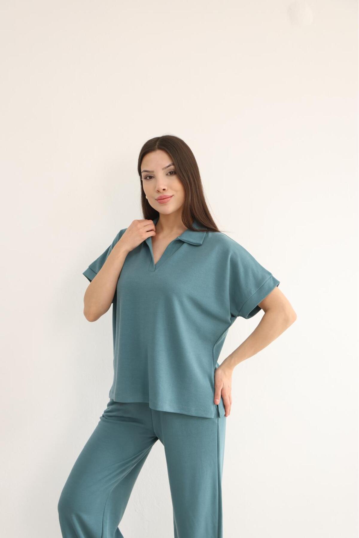 Softline Kadın Polo Yaka Bloom Kumaş İkili Takım Pamuklu Rahat Kesim Palazzo Pantolonlu Günlük Takım