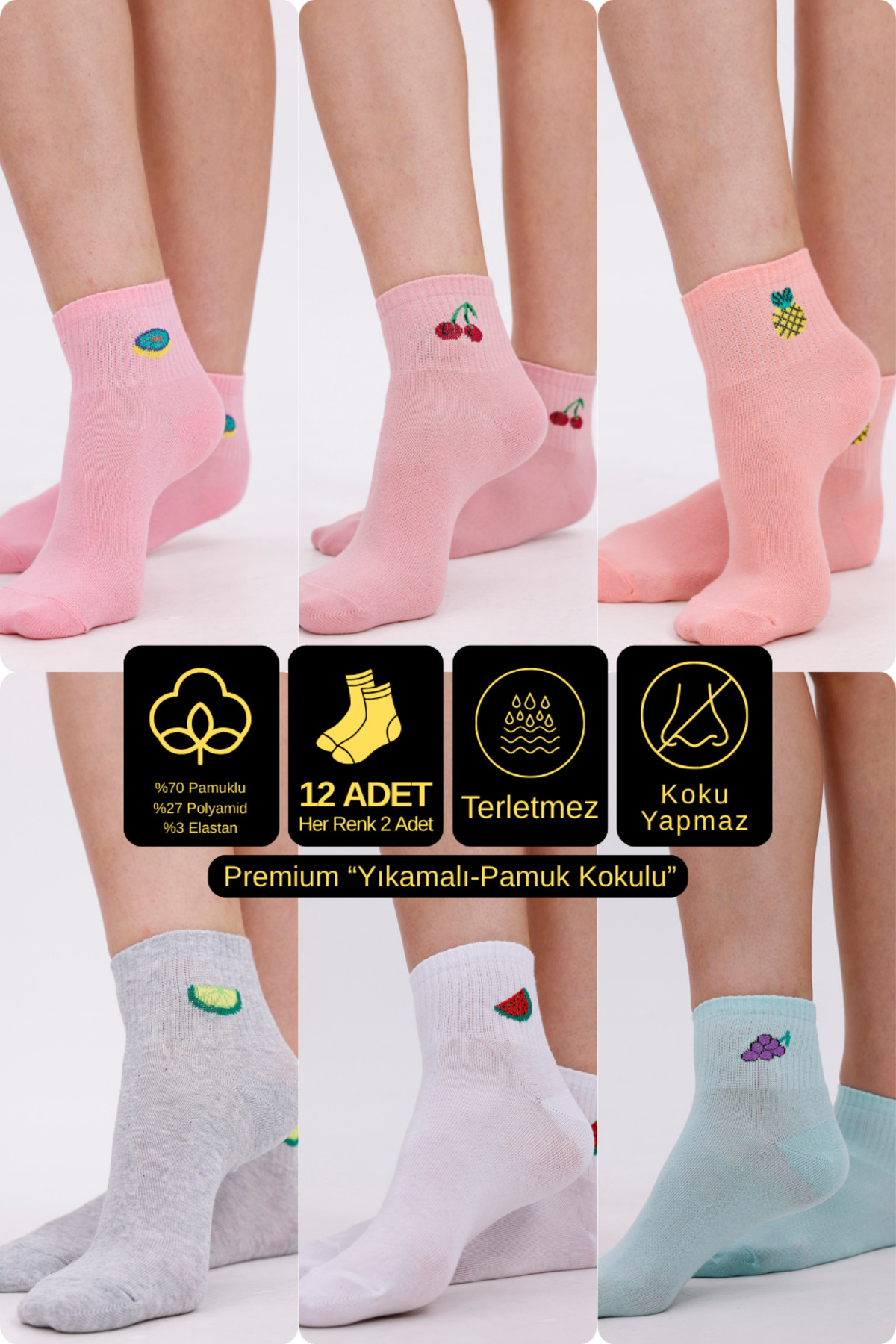 Premium Pamuklu Yumuşak ve Kokulu 12'li Meyve Desenli Bilek Kadın Çorap Seti - Nefes Alan Yapı